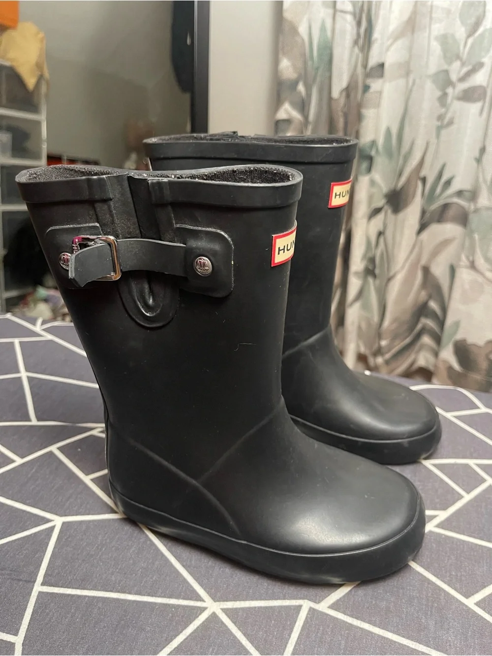 Hunter Black Mid-Calf Rain Boots with Red Logo Trim